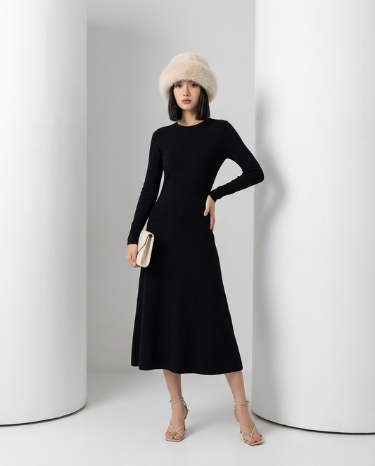Ivory Aria fuzzy hat styled with a long-sleeve black midi dress, full-length front view