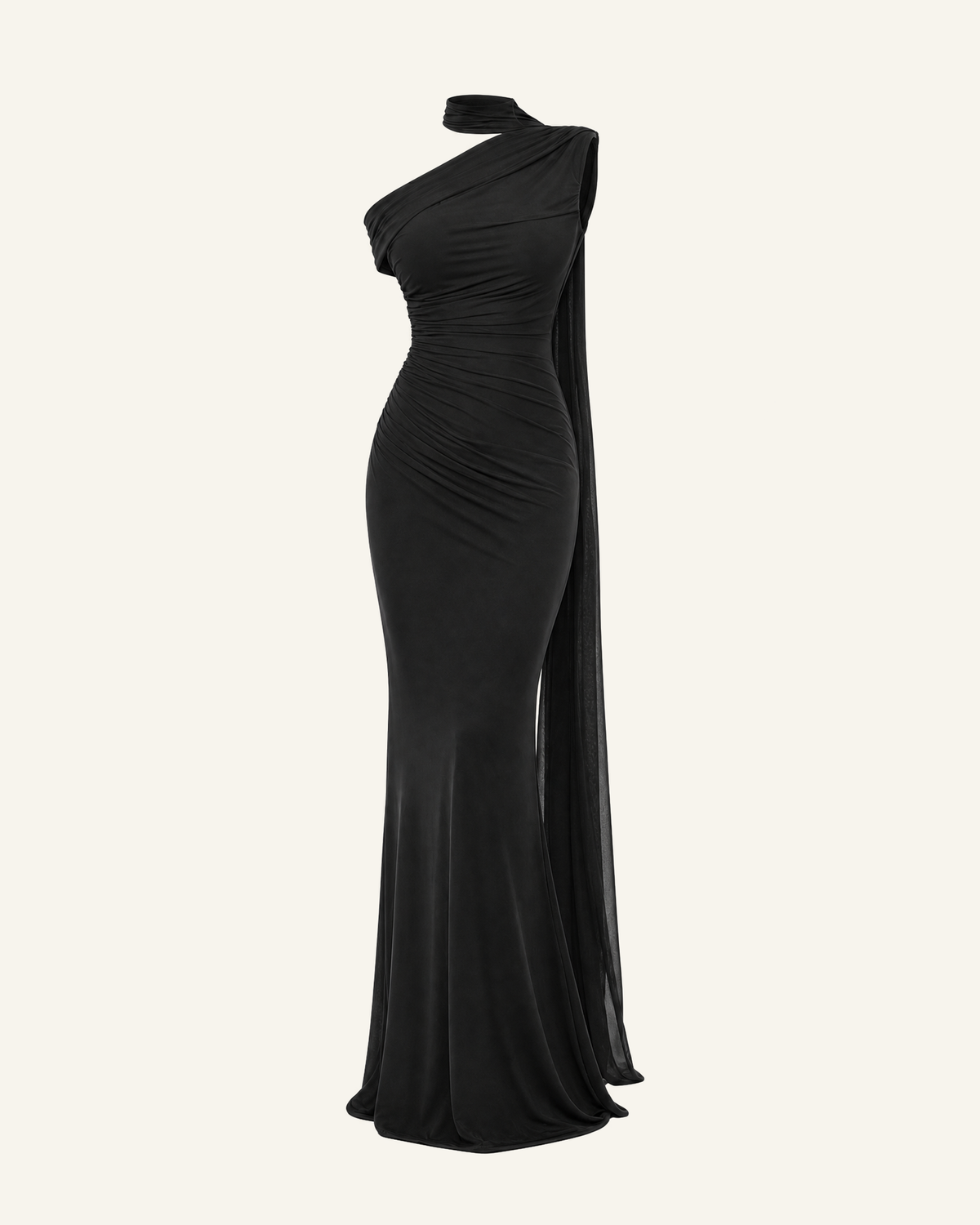 The Freya sash mermaid gown in black, shown alone against a bone background, full length