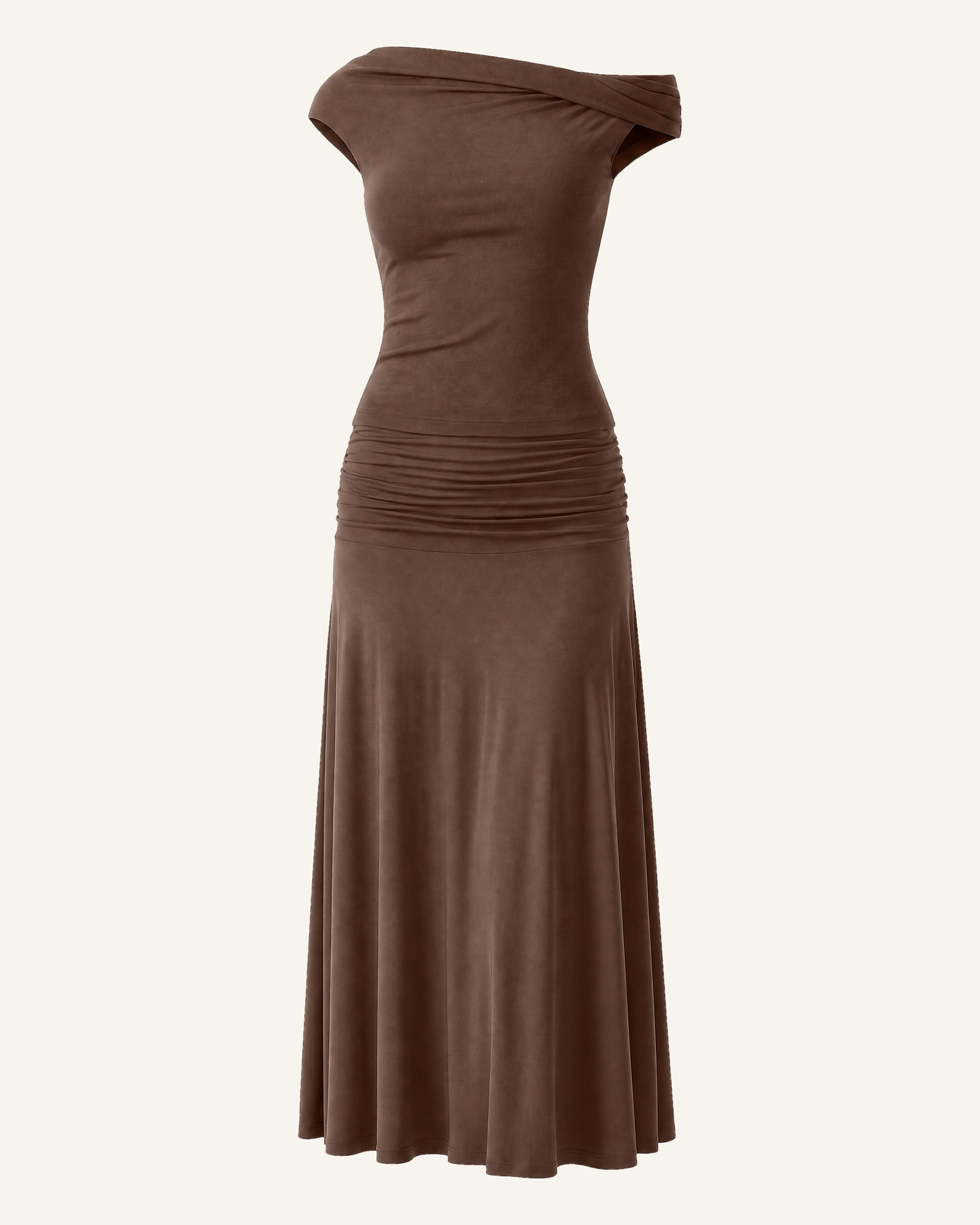 The Hedda top and midi skirt set in iced mocha, shown alone against a bone background, full length
