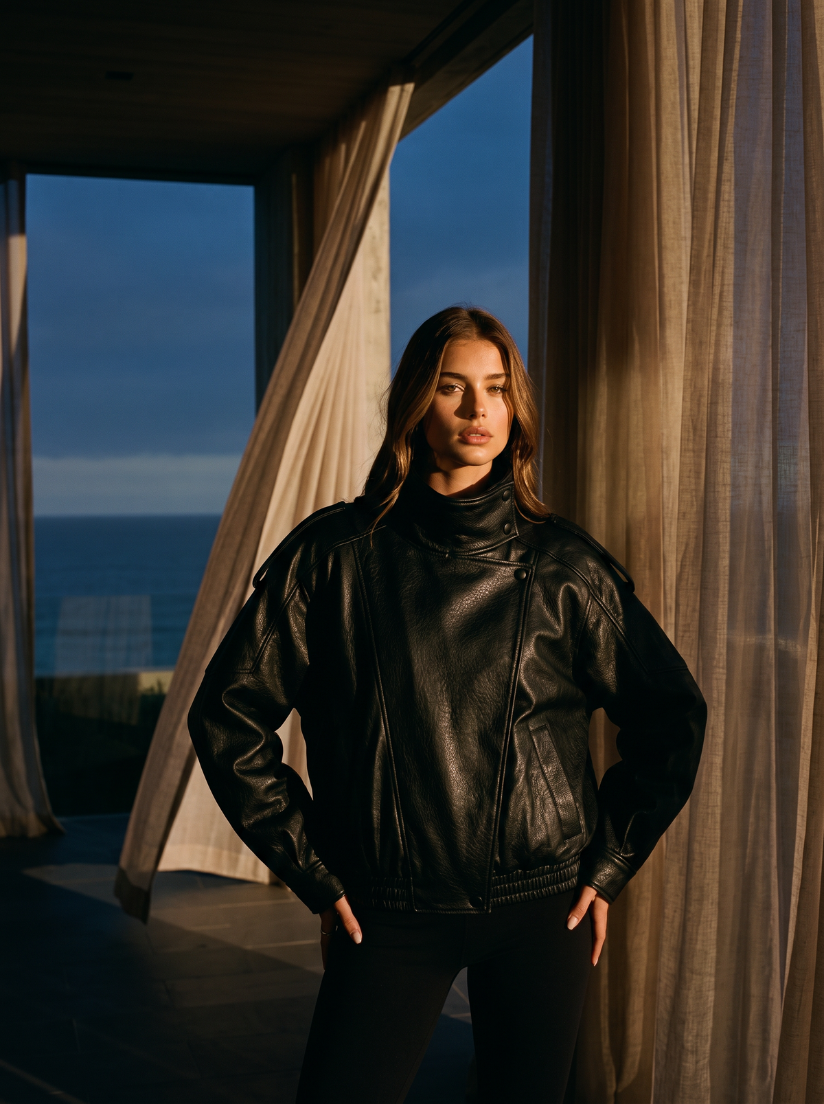 Hands-in-pockets pose in a black leather jacket with a funnel collar beside linen curtains