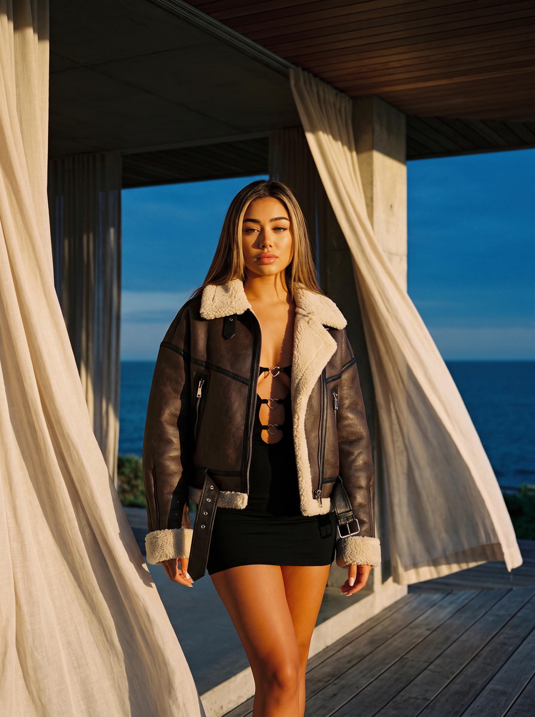 Brown shearling-trimmed aviator jacket over a black mini dress on an oceanfront terrace at dusk