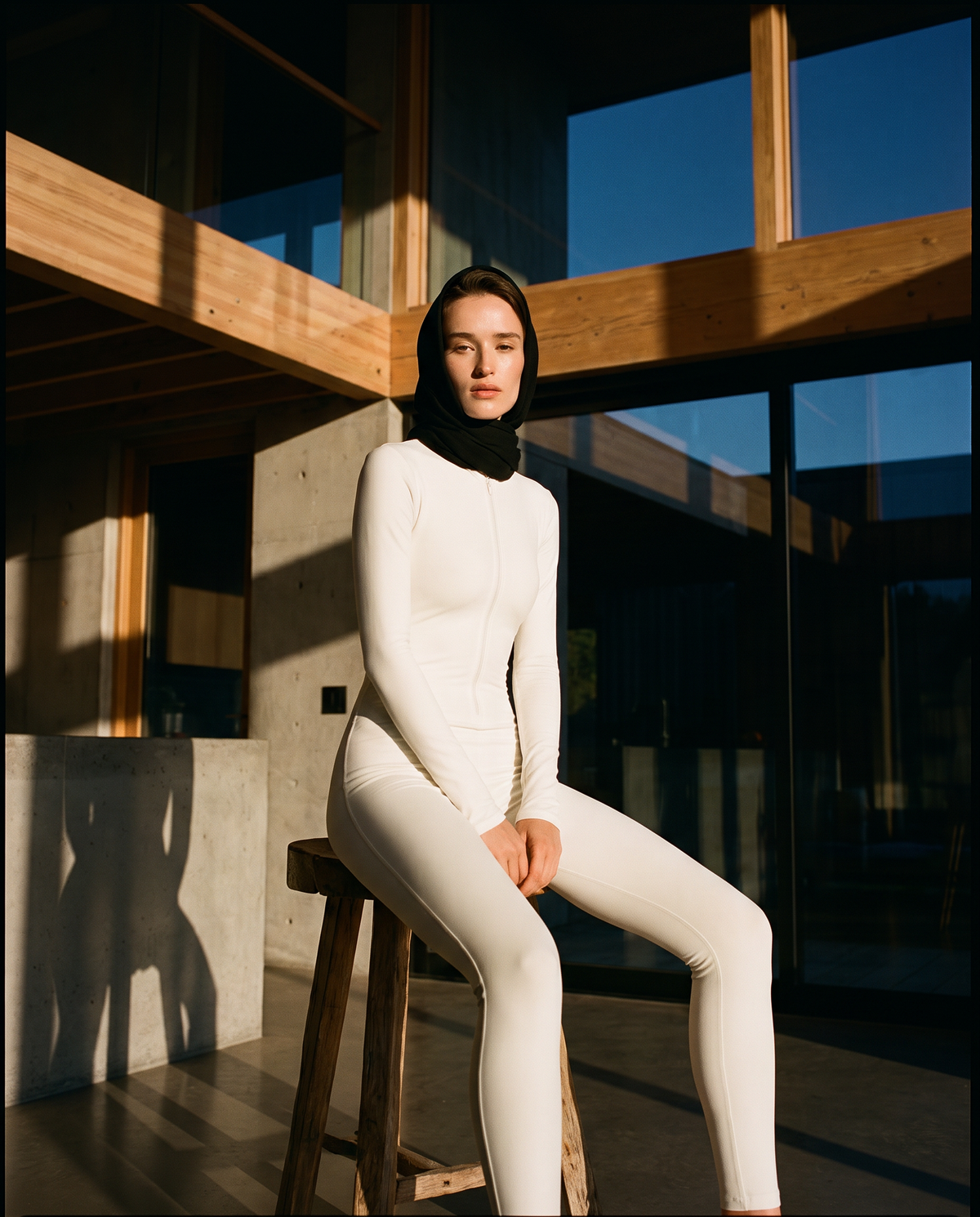 Ivory long-sleeve zip top and matching leggings worn on a wooden stool in a timber-framed house