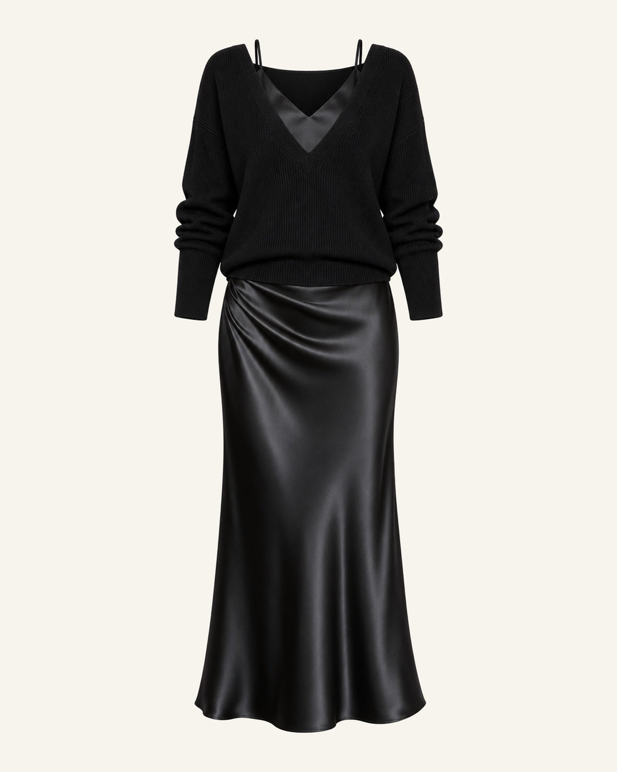 Ingrid knit and satin slip set in black, rib-knit sweater over a glossy black satin dress