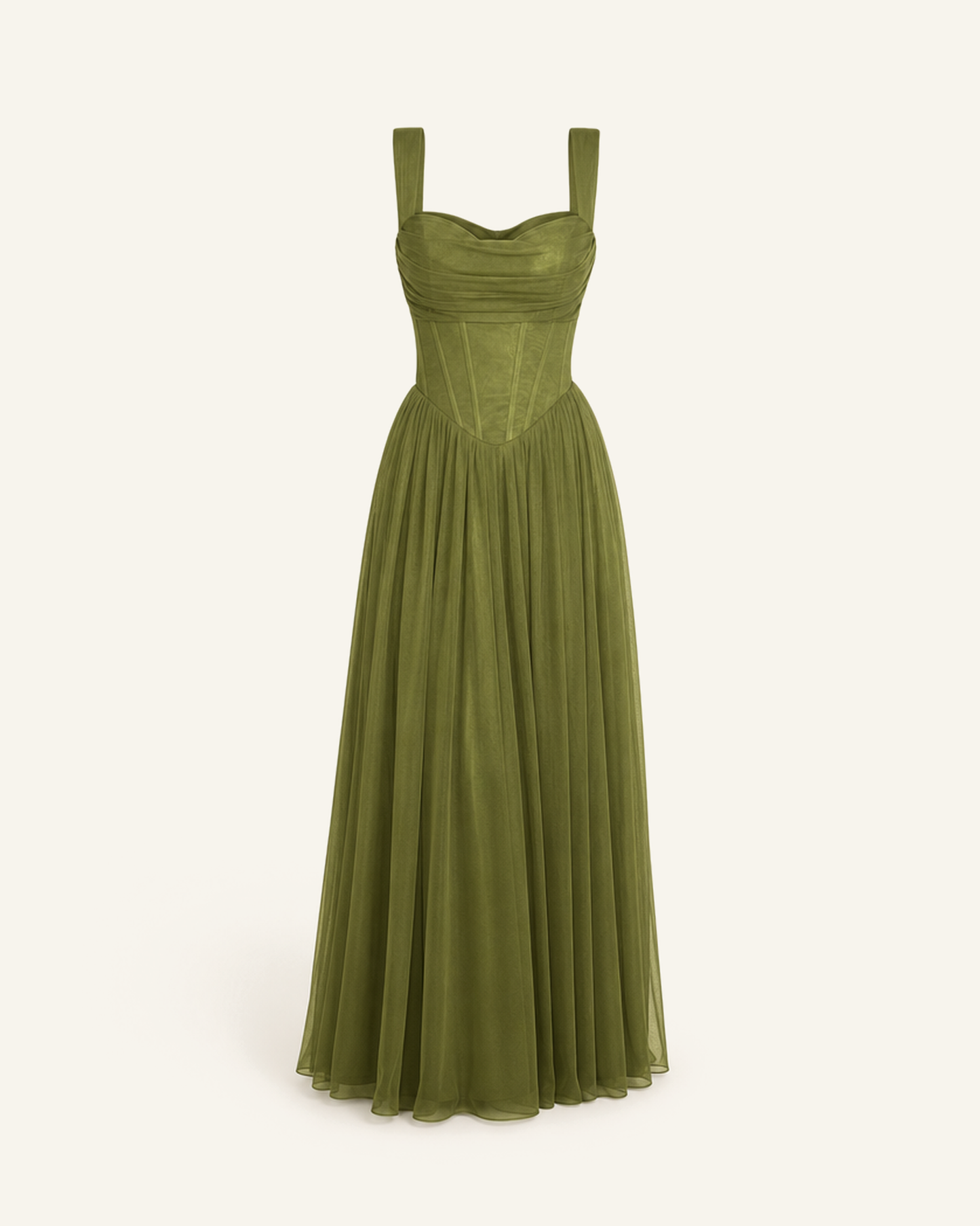 The Solveig corset gown in olive, corseted bodice and full tulle skirt, shown alone against a bone background