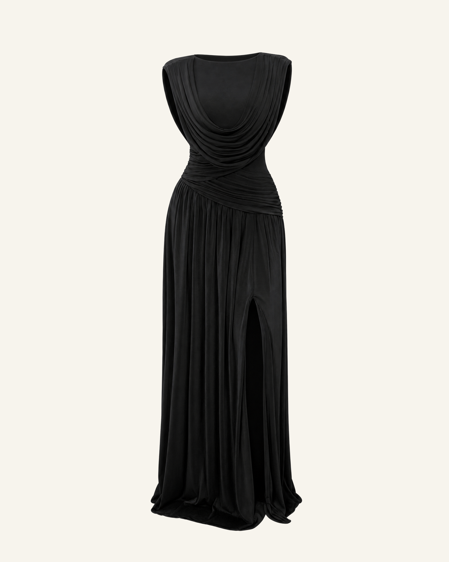 The Thora convertible cowl gown in black, shown alone against a bone background, full length