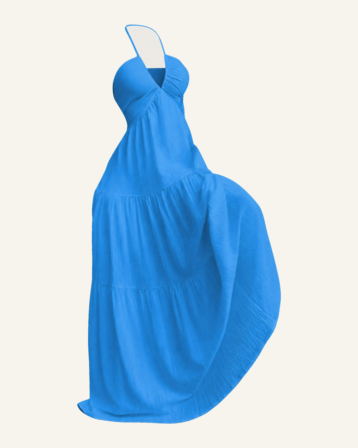 The Alva halter tiered maxi dress in bright blue, shown alone against a bone background, full length