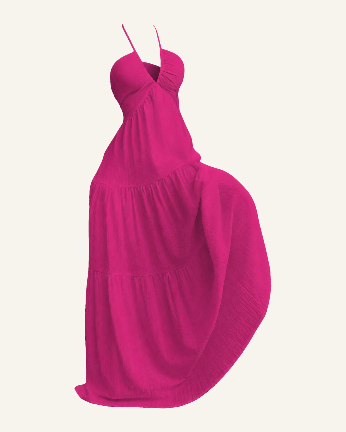 The Alva halter tiered maxi dress in fuchsia pink, shown alone against a bone background, full length