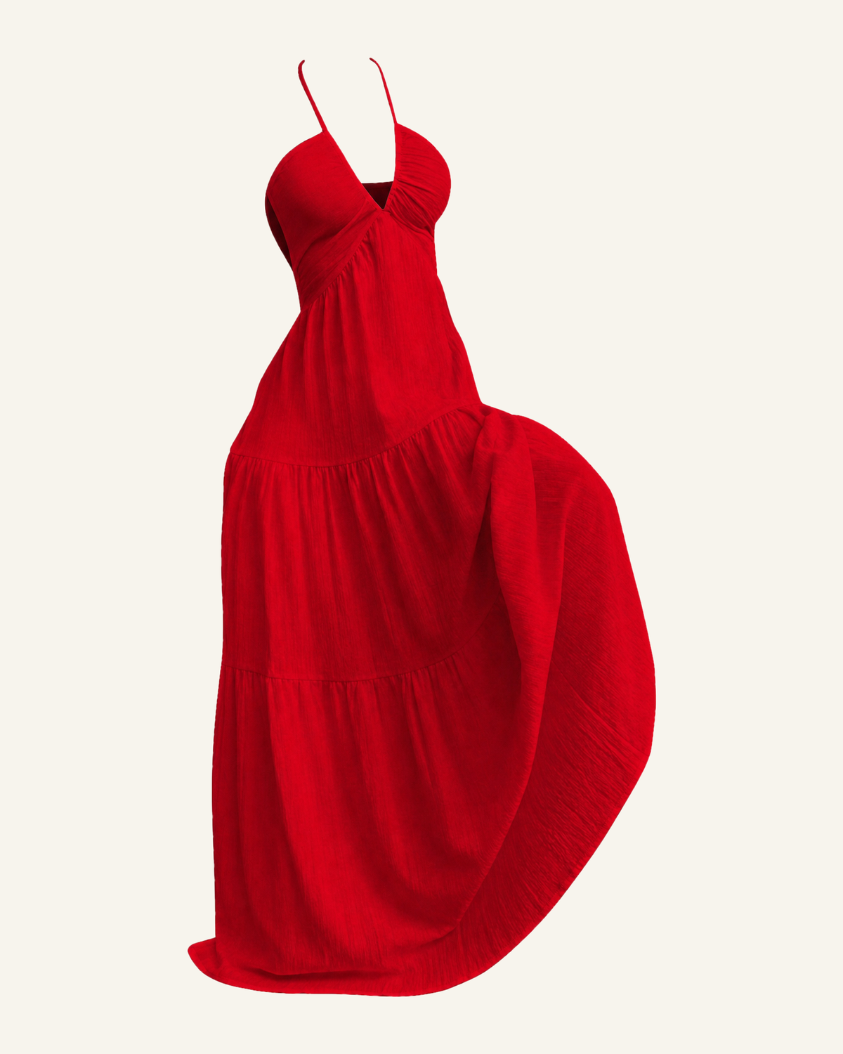 The Alva halter tiered maxi dress in red, shown alone against a bone background, full length