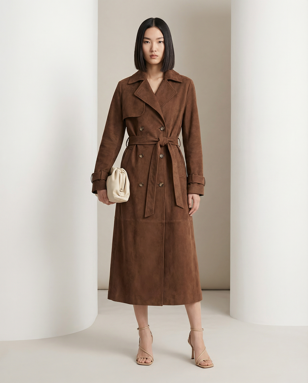 Brown suede double-breasted trench with wide lapels and a knotted belt, full-length front view