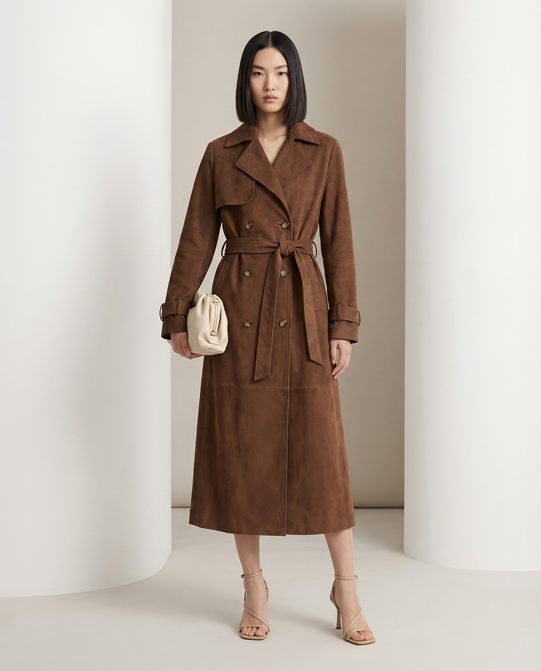 Brown suede double-breasted trench with wide lapels and a knotted belt, full-length front view