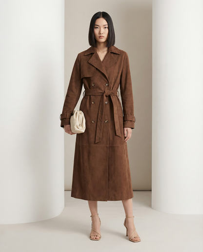 Brown suede double-breasted trench with wide lapels and a knotted belt, full-length front view
