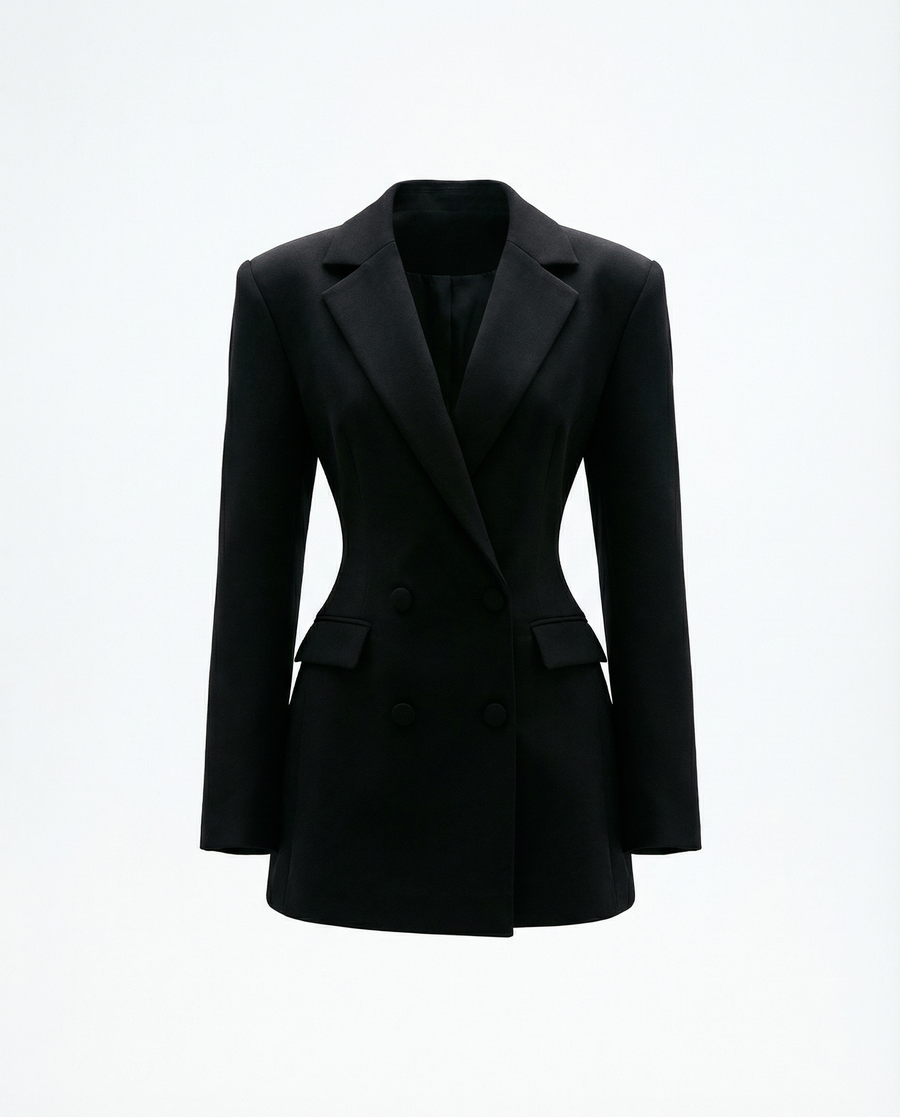 Black Archetype Blazer worn as a dress, double-breasted with peak lapels and a neck scarf