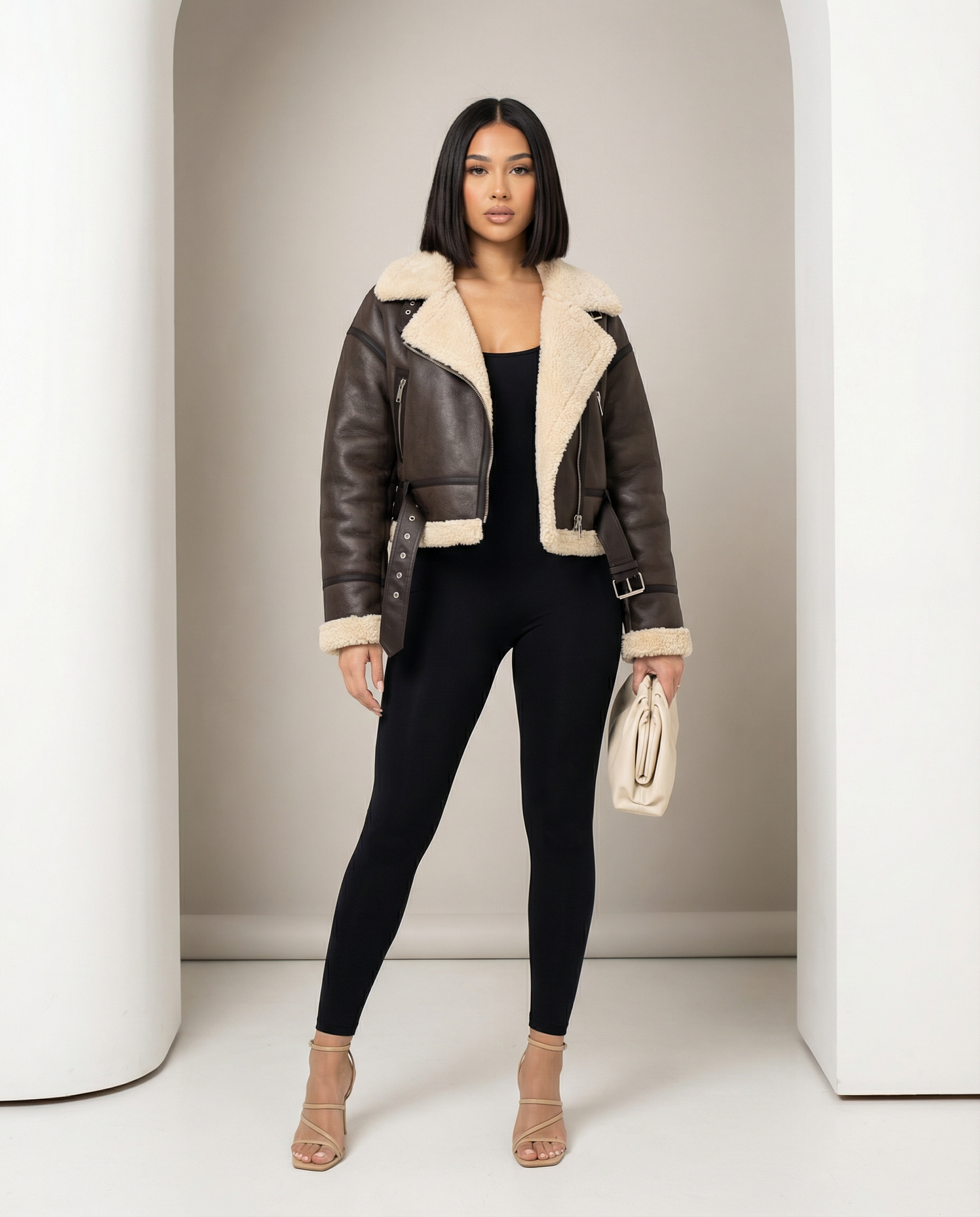 Brown faux-shearling aviator jacket with a wide cream collar, full-length front view