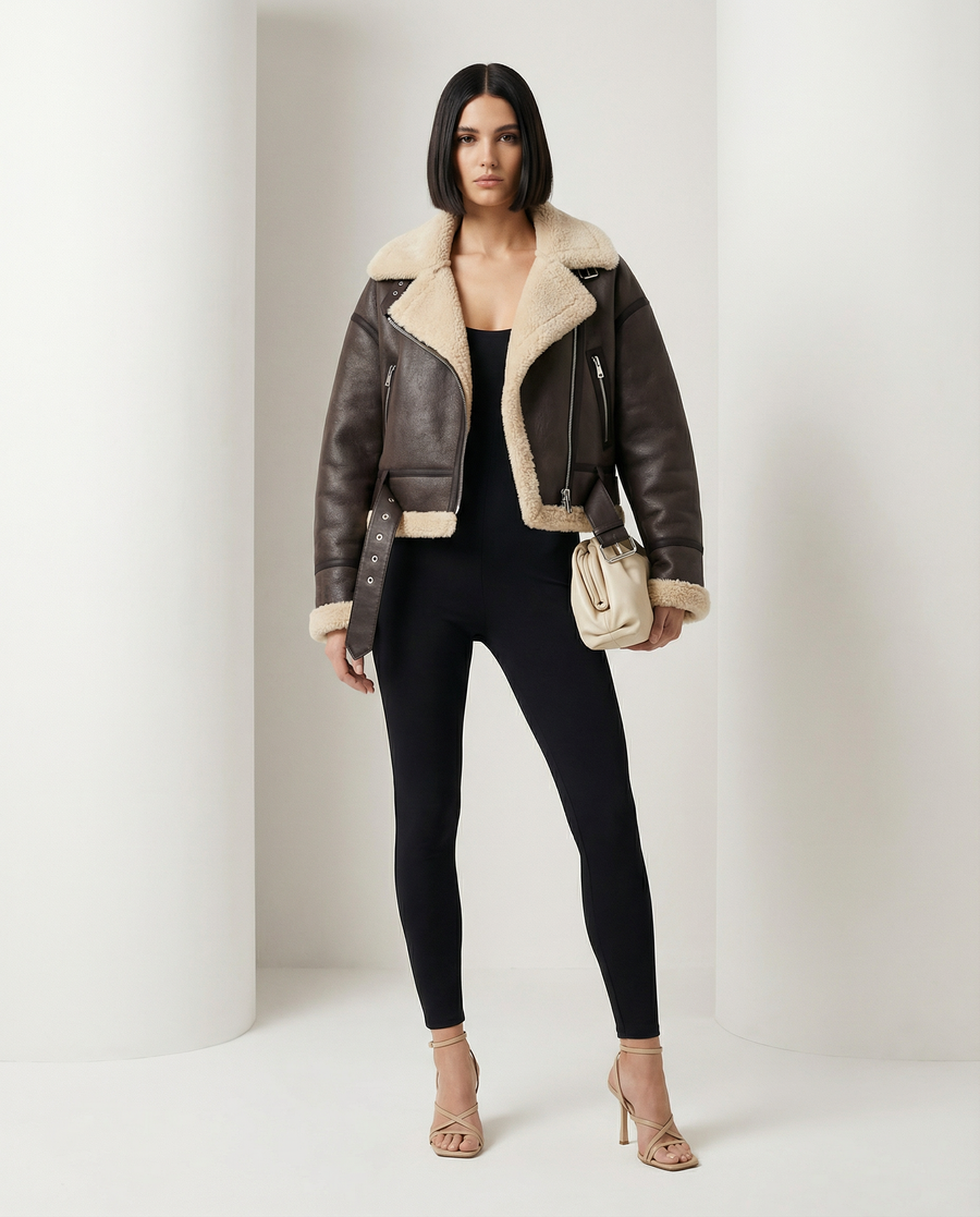 Dark brown Ares aviator jacket with a cream shearling collar worn open over black leggings