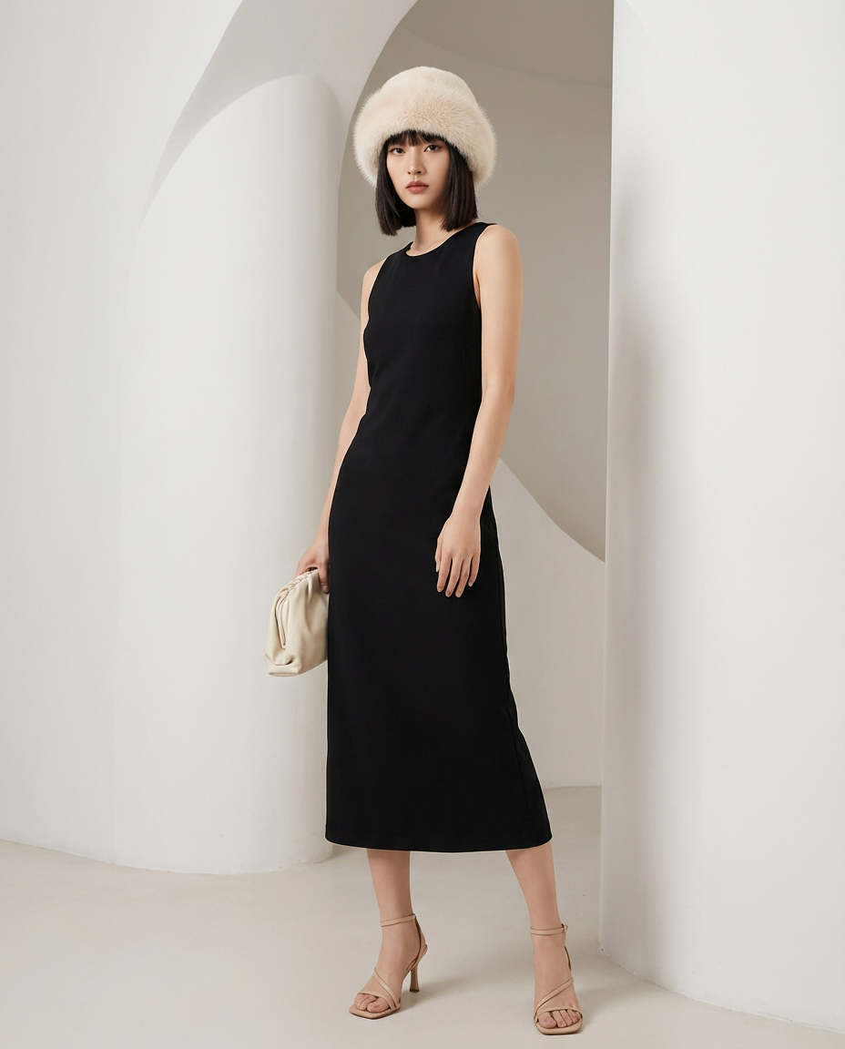 Ivory Aria fuzzy hat in soft faux fur worn with a sleeveless black midi dress, full length