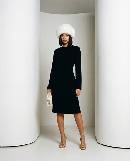 White faux-fur bucket hat with a long-sleeve black knee-length dress, full length front on
