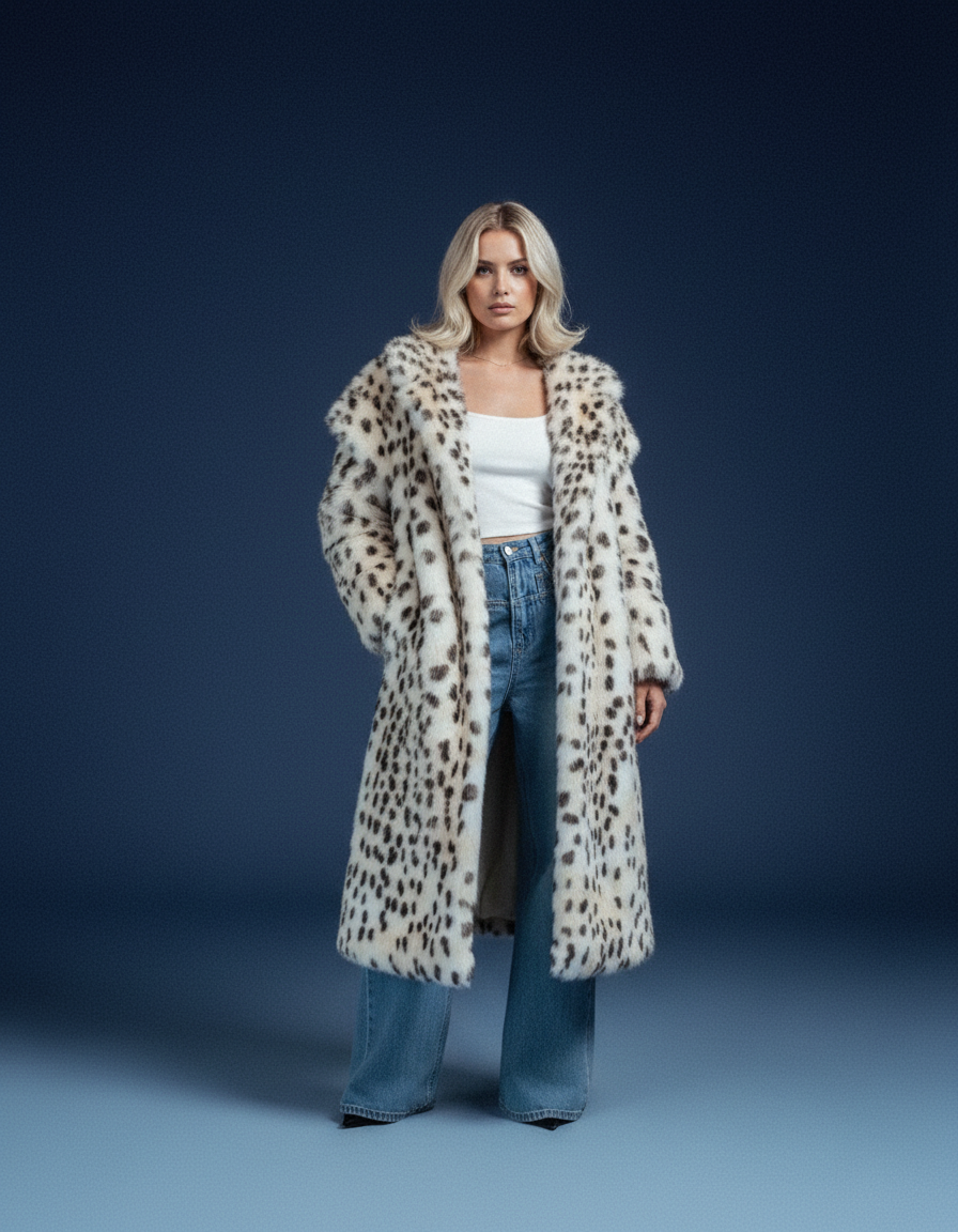 Snow-leopard longline coat open over a white crop top and wide-leg jeans, navy studio backdrop