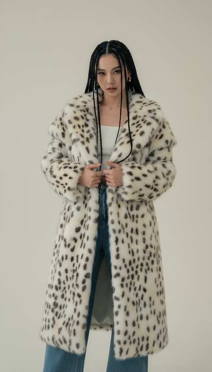 Snow-leopard faux-fur coat drawn closed at the chest, close crop on the spotted pile and collar