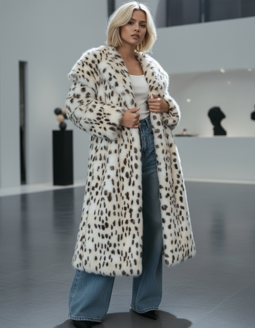 Snow-leopard longline coat held open over wide-leg jeans in a gallery space, full length