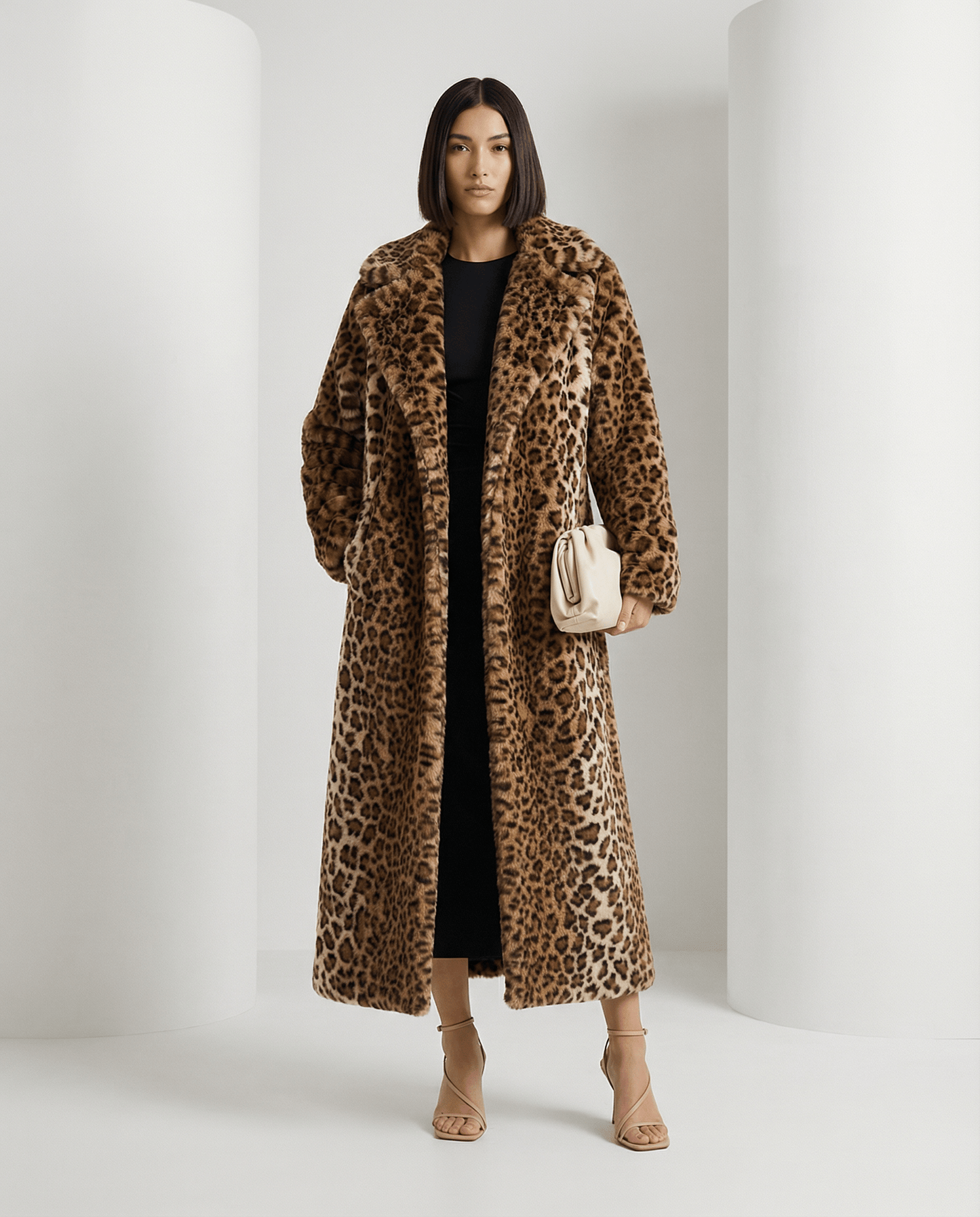 Aurelia Leopard Faux-Fur Coat in cocoa worn open over a black midi dress, front view