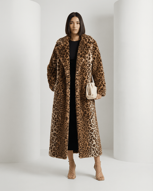Aurelia Leopard Faux-Fur Coat in cocoa worn open over a black midi dress, front view