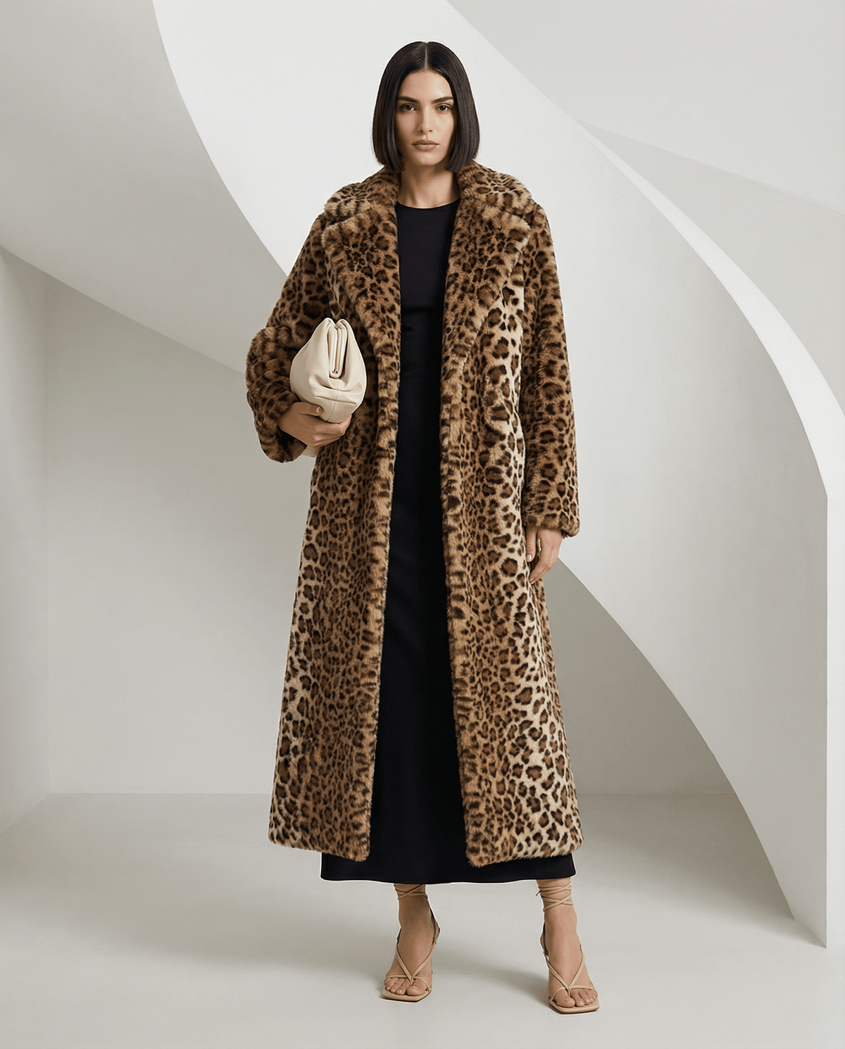 Cocoa leopard faux-fur coat in a three-quarter turn over a black dress, notch collar, full length