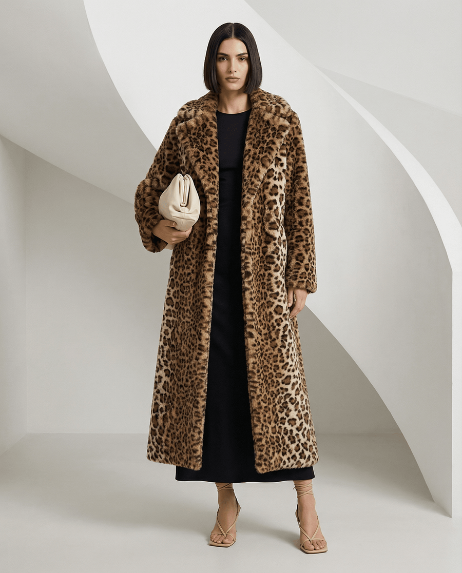 Aurelia Leopard Faux-Fur Coat in cocoa worn open over a black midi dress, front view