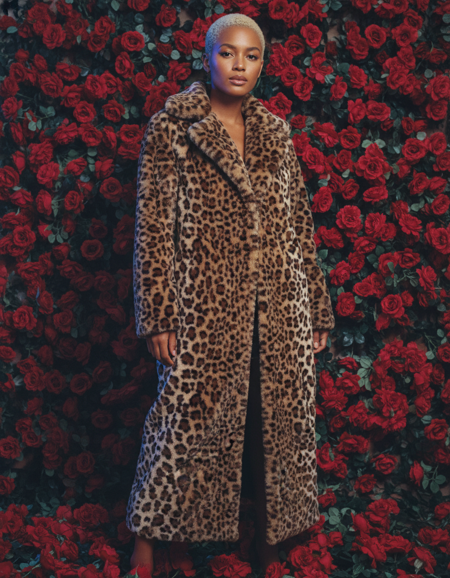 Cocoa leopard longline coat buttoned to the hem against a wall of red roses, full length