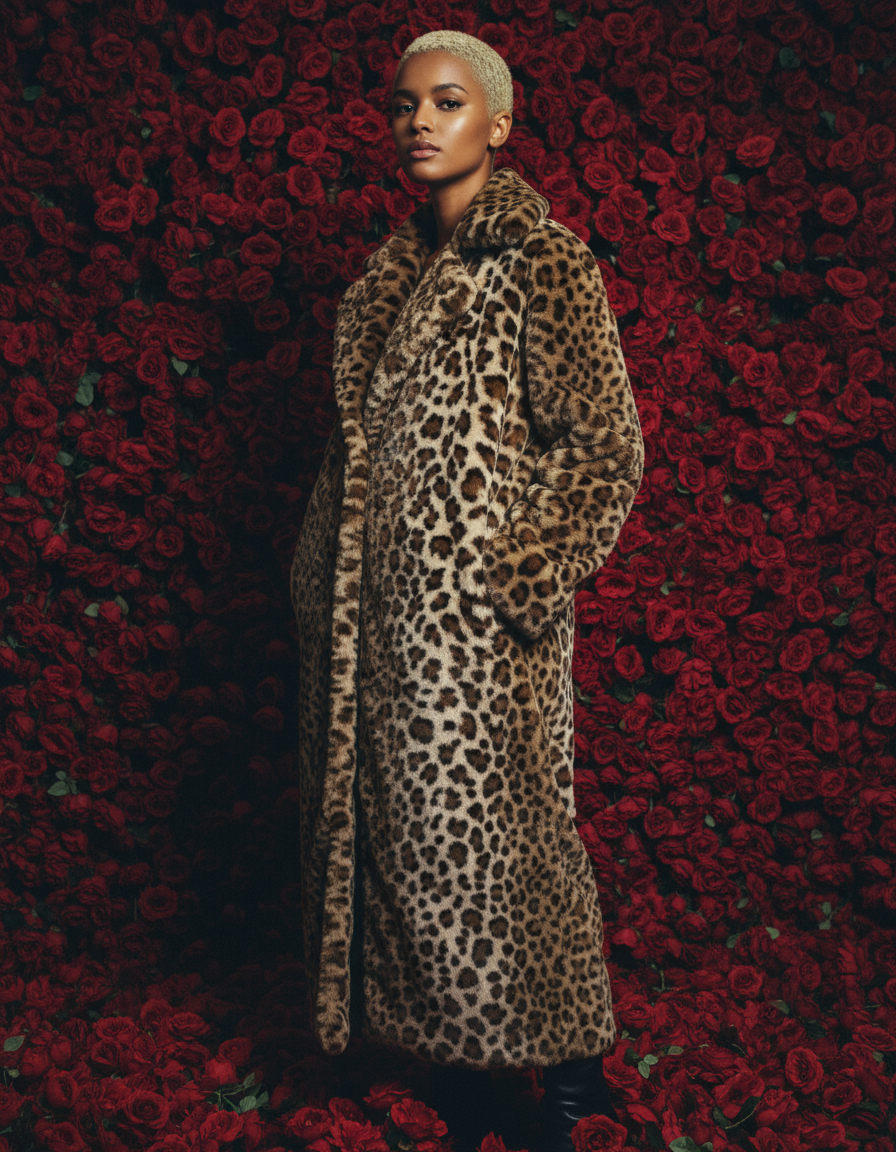Cocoa leopard coat seen from a three-quarter side against a red rose wall, hands in pockets