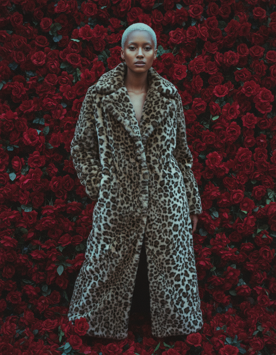 Cocoa leopard faux-fur coat worn open with hands in the pockets, red rose wall, full length