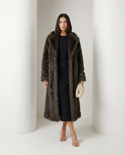 Dark brown Eden longline faux-fur coat over a black midi dress, front view, full length