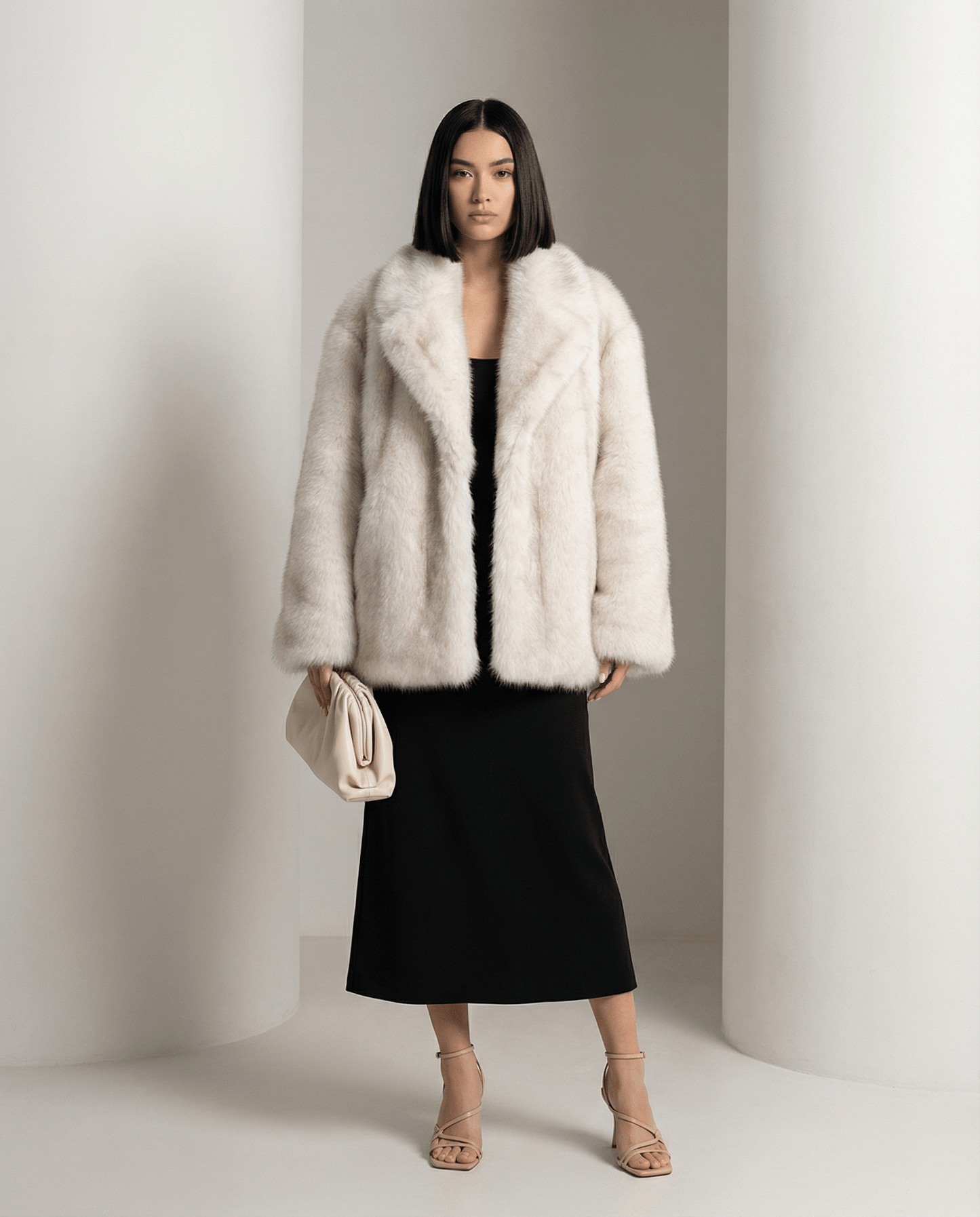 Oversized Elara coat in frosted white faux fur, collar spread wide, standing front view