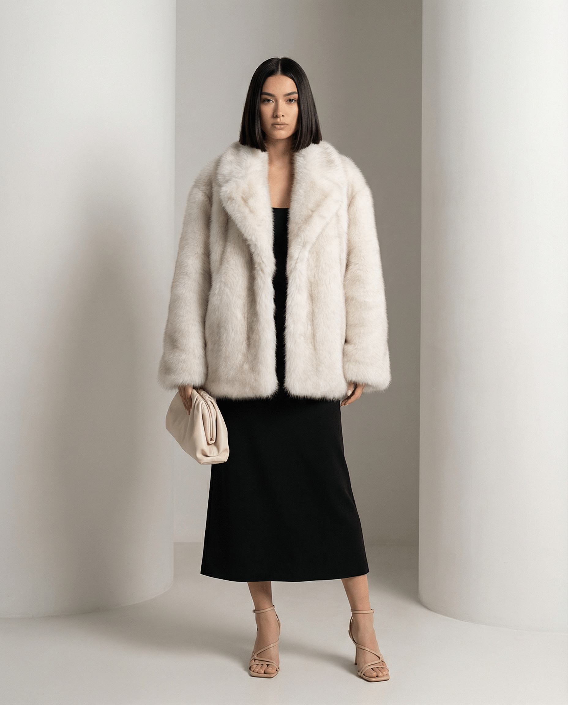 Oversized Elara coat in frosted white faux fur, collar spread wide, standing front view
