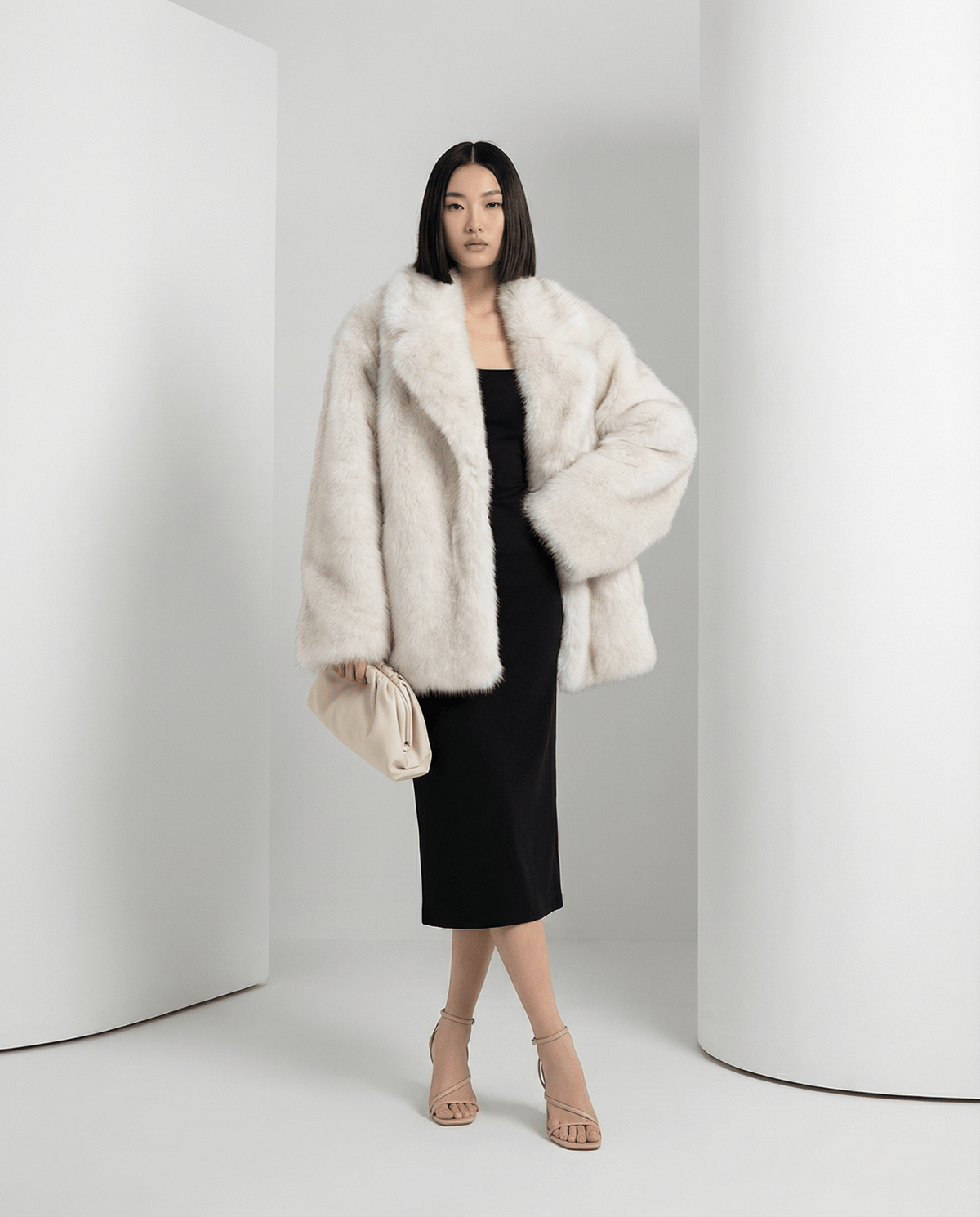 Frosted white oversized faux-fur coat worn open over a black midi dress, clutch under the arm