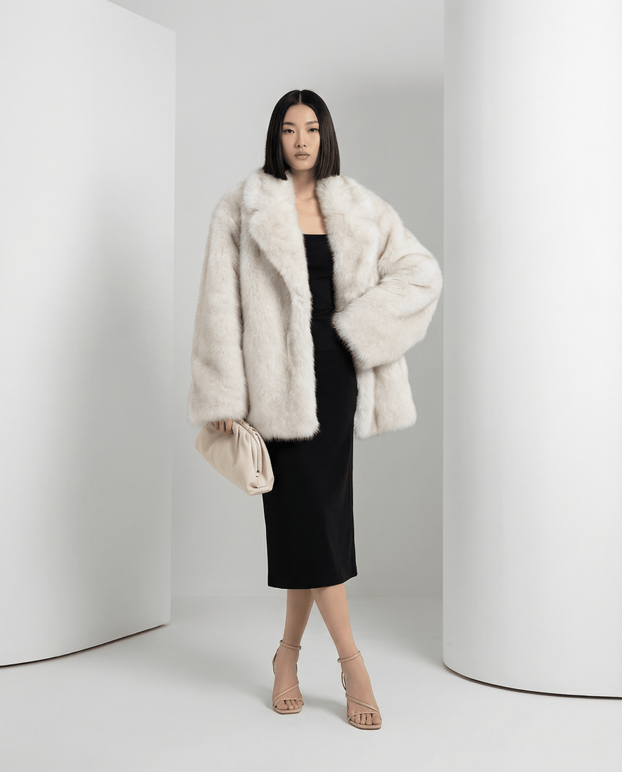 Frosted white Elara oversized faux-fur coat worn open over a black midi dress, full length