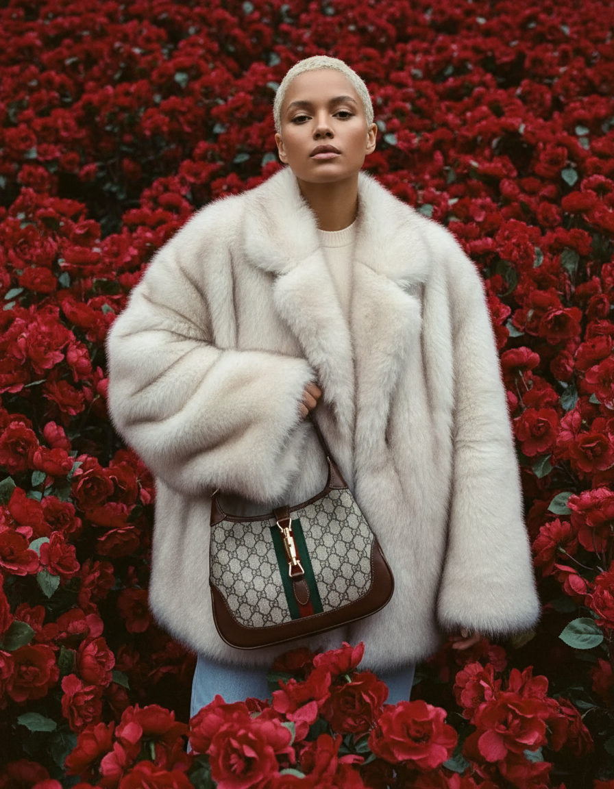 Frosted white faux-fur coat photographed in a field of red roses, wide collar turned up