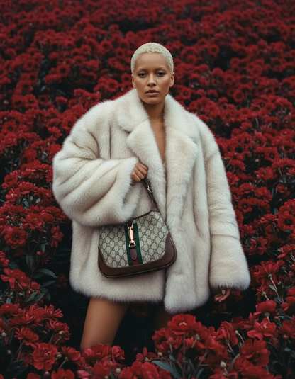 Frosted white oversized faux-fur coat worn over bare legs in a bed of red flowers