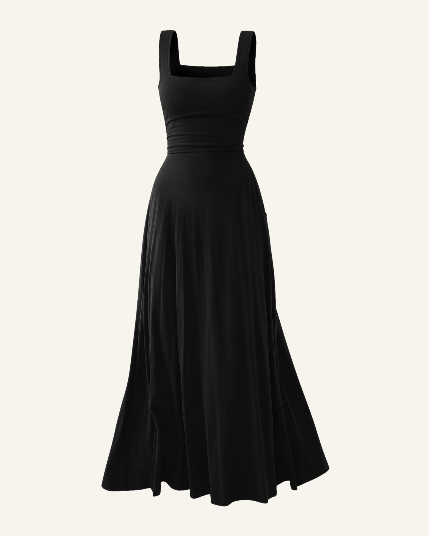 The Elin corset back midi dress in black, shown alone against a bone background, full length