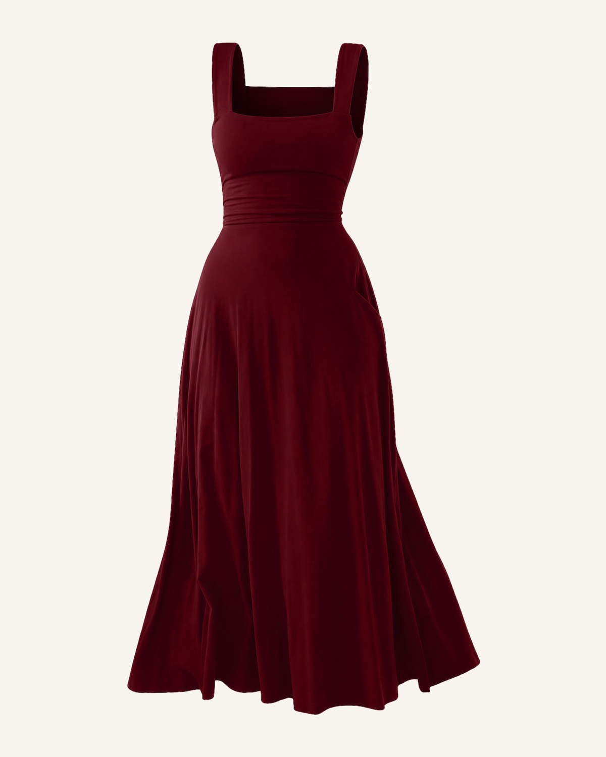 The Elin corset back midi dress in burgundy, shown alone against a bone background, full length