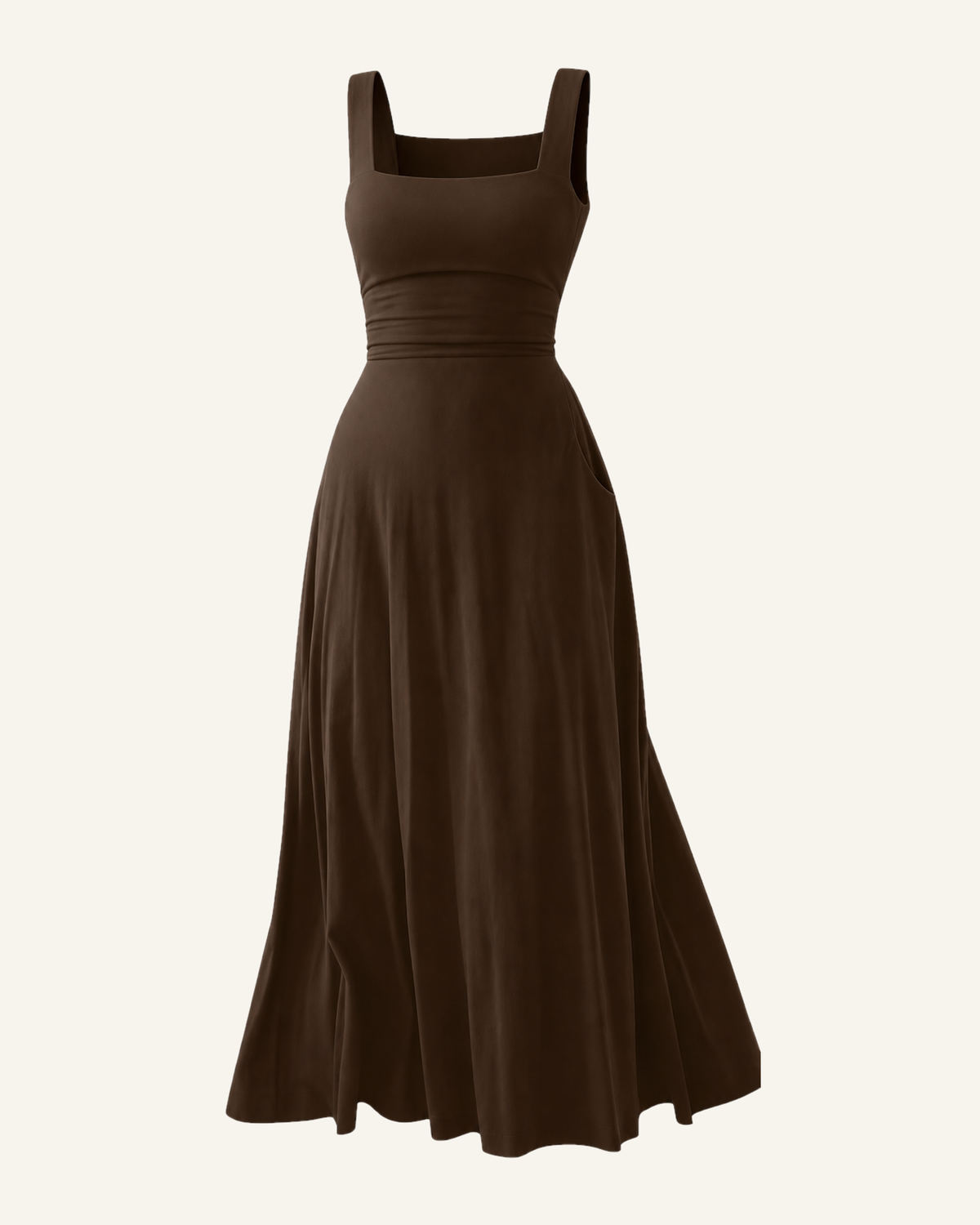 The Elin corset back midi dress in deep cocoa, shown alone against a bone background, full length