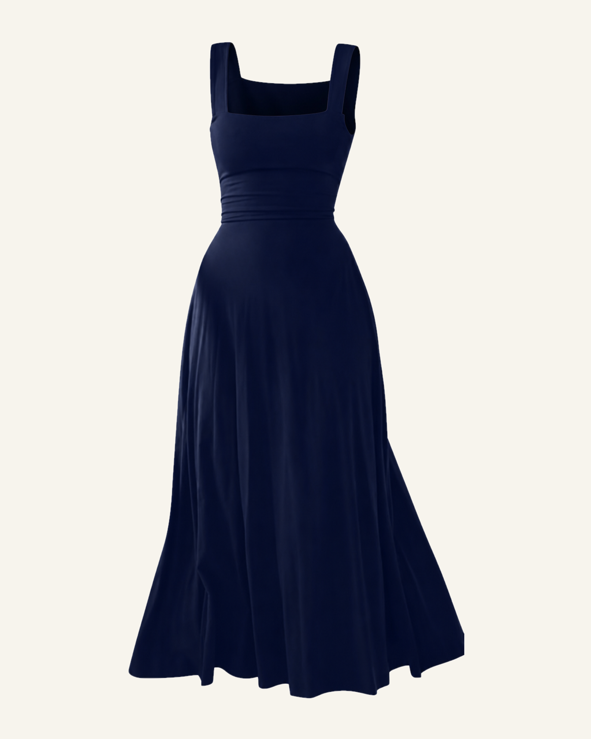 The Elin corset back midi dress in navy blue, shown alone against a bone background, full length