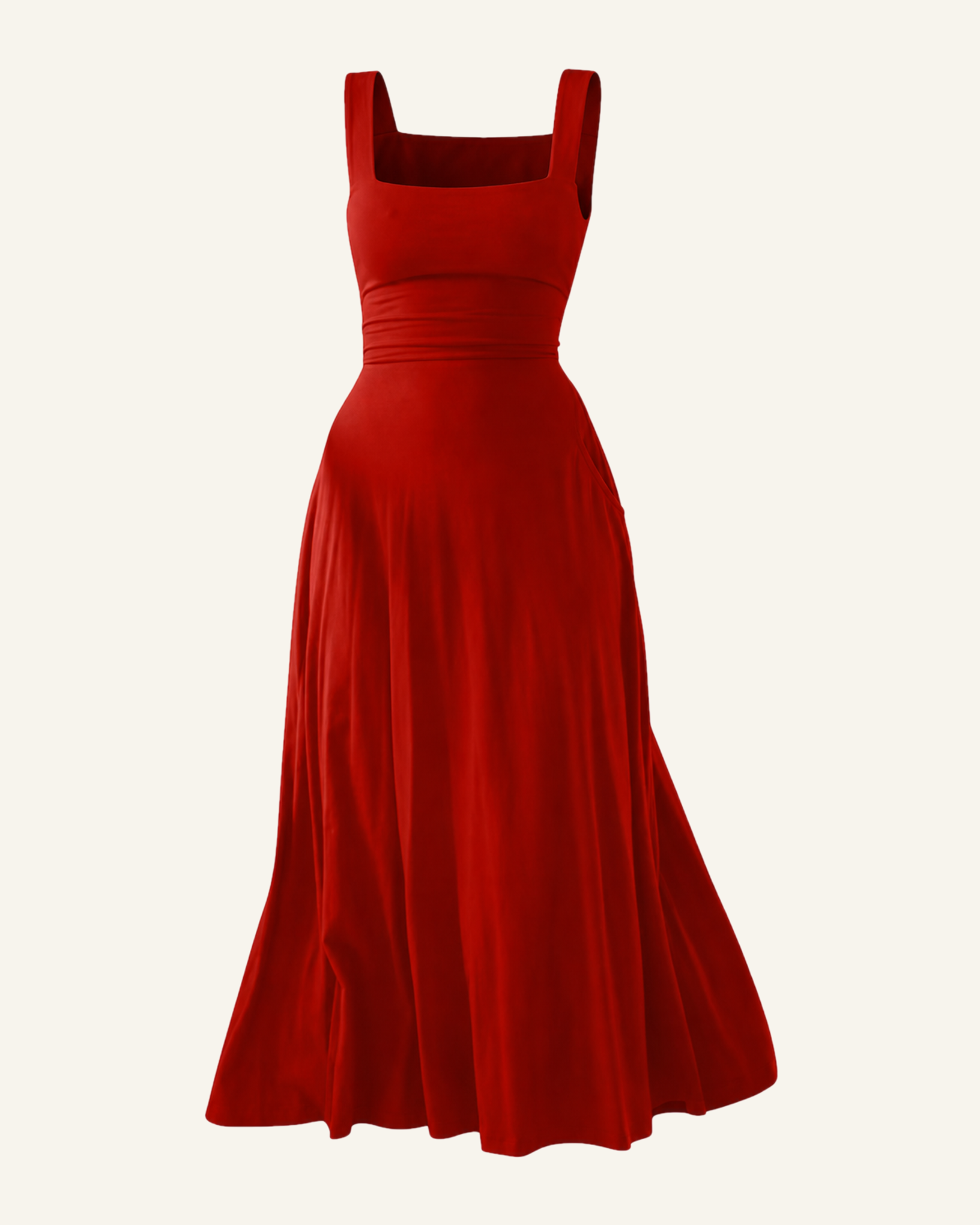 The Elin corset back midi dress in red, shown alone against a bone background, full length
