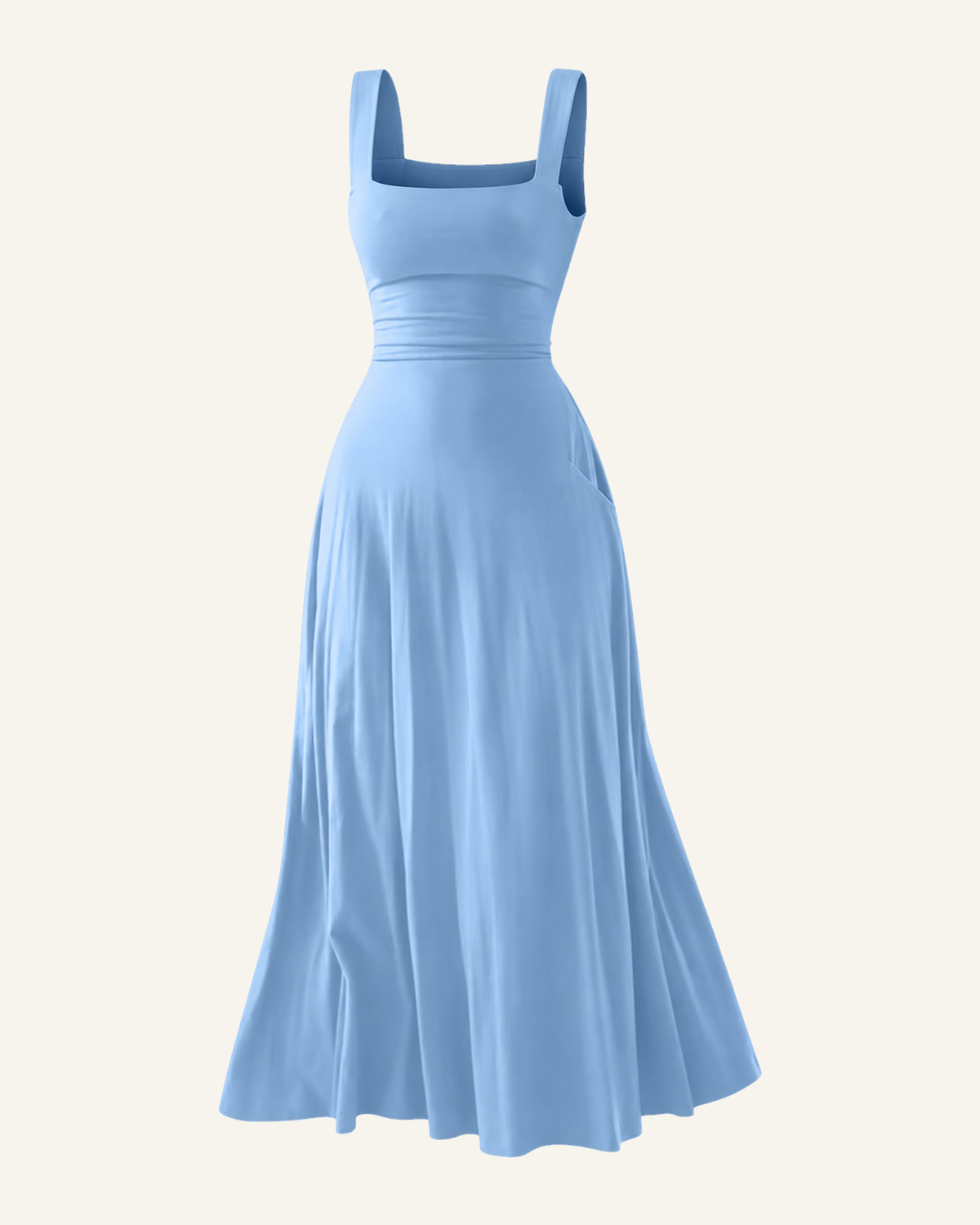 The Elin corset back midi dress in sky blue, shown alone against a bone background, full length