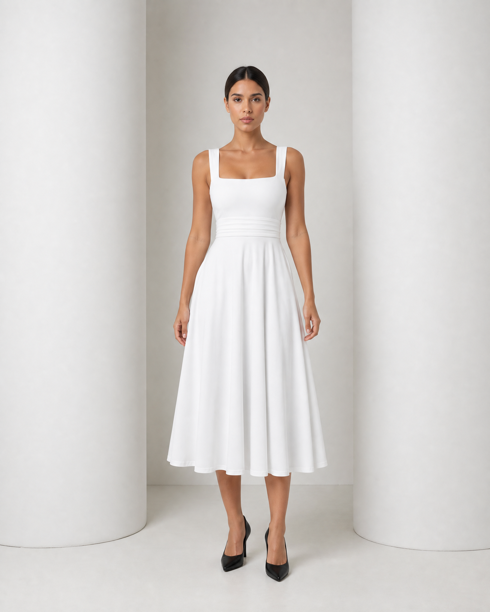 Model in the white Elin dress, square neckline, gathered waist and full A-line midi skirt