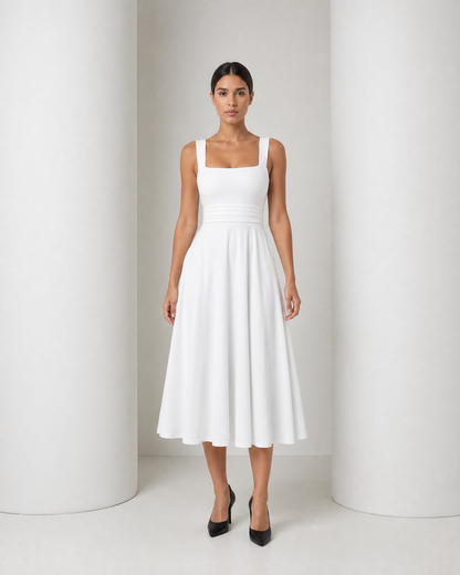 Model in the white Elin dress, square neckline, gathered waist and full A-line midi skirt