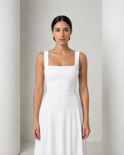 Close view of the Elin bodice in white, the square neckline and two wide shoulder straps