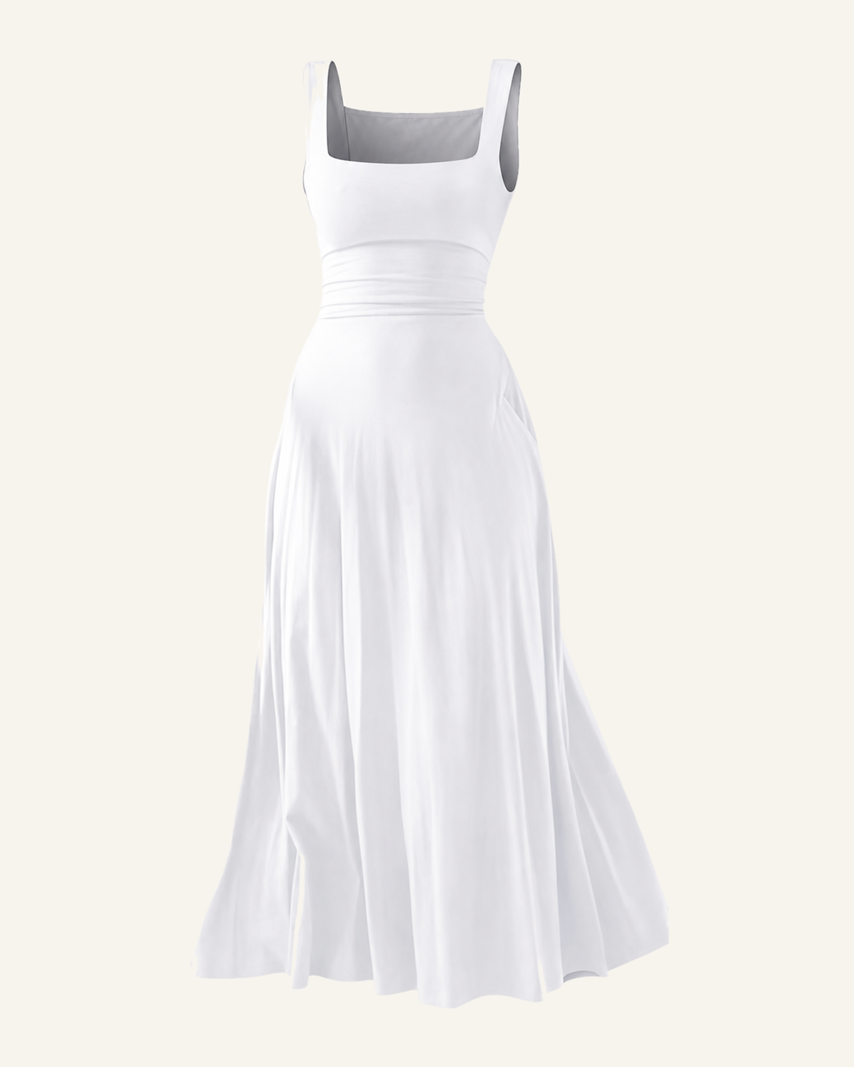 The Elin corset back midi dress in white shown alone against a bone background, full length