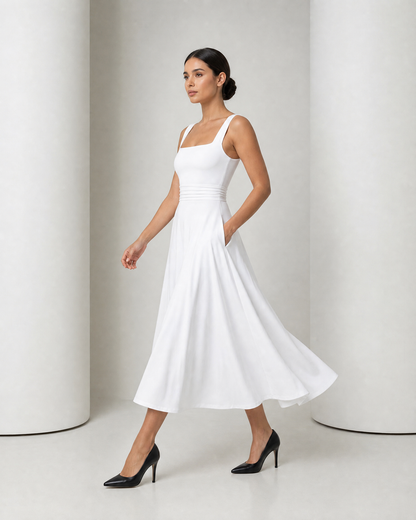 Side view of the white Elin dress in movement, one hand in the side seam pocket