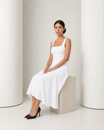 Model seated in the white Elin dress, the A-line skirt falling over her knees
