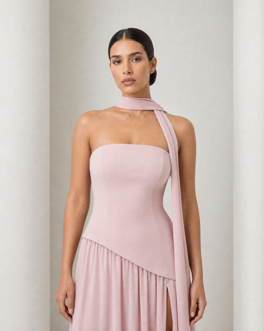 Model in the Embla lace-back chiffon maxi in blush, strapless bodice and the high side slit open